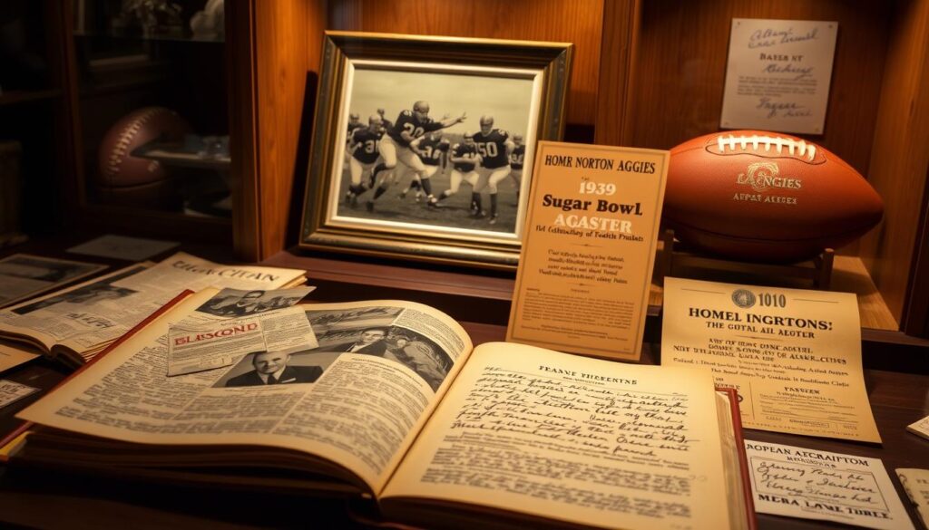 A detailed display of memorabilia from the Homer Norton Aggies 1939 roster, including vintage photographs of the team, game tickets, and a leather-bound program from the Sugar Bowl. The foreground features an open scrapbook, revealing yellowed pages filled with newspaper clippings and handwritten notes about the season's highlights. In the middle, a framed action shot of players in classic football uniforms captures the intensity of the games. The background is a wooden display case showcasing a signed football and other historical artifacts. Warm, soft lighting illuminates the scene, casting gentle shadows that evoke a nostalgic mood. The overall atmosphere reflects the pride and history of the team, with a focus on the craftsmanship of the memorabilia.