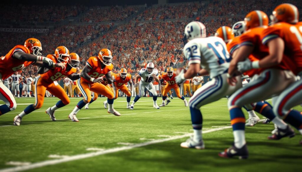 A dramatic football scene illustrating a defensive strategy to disrupt quarterback Ty Detmer during the 1990 Holiday Bowl. In the foreground, a diverse group of defenders, clad in vivid orange and blue uniforms, executes a coordinated blitz towards Detmer, who stands focused in the pocket, wearing a white jersey with blue accents. The intensity is palpable, showcasing the defenders' determination and strategic alignment. In the middle ground, the defensive line is poised, with one player mid-leap attempting to block a pass. The background features a bustling stadium filled with excited fans under bright stadium lights, creating a vibrant atmosphere. The image should capture the action from a slightly low angle, emphasizing the size and intensity of the players, with a shallow depth of field to focus on the dramatic confrontation. A dramatic football scene illustrating a defensive strategy to disrupt quarterback Ty Detmer during the 1990 Holiday Bowl. In the foreground, a diverse group of defenders, clad in vivid orange and blue uniforms, executes a coordinated blitz towards Detmer, who stands focused in the pocket, wearing a white jersey with blue accents. The intensity is palpable, showcasing the defenders' determination and strategic alignment. In the middle ground, the defensive line is poised, with one player mid-leap attempting to block a pass. The background features a bustling stadium filled with excited fans under bright stadium lights, creating a vibrant atmosphere. The image should capture the action from a slightly low angle, emphasizing the size and intensity of the players, with a shallow depth of field to focus on the dramatic confrontation.