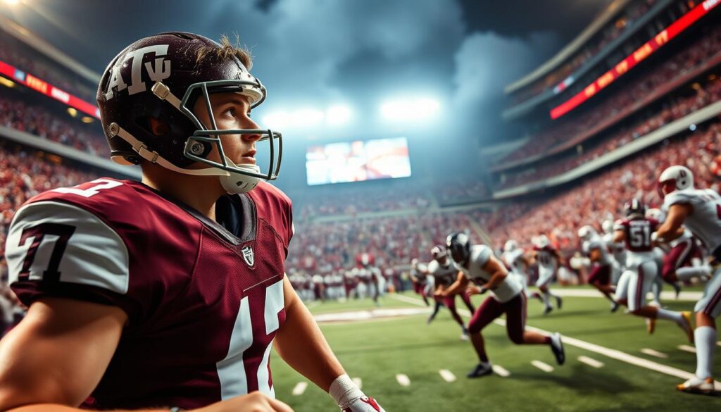 A dramatic scene capturing Zach Calzada in his Texas A&M jersey, poised to throw a game-winning touchdown pass against Alabama. In the foreground, he focuses intently, sweat glistening on his brow, showcasing his determination and toughness. The middle ground features players from both teams, with defenders lunging towards him, creating a sense of urgency and tension. The background reveals the electrified crowd at Kyle Field, a sea of maroon and white, with fans cheering passionately under bright stadium lights. The image is shot from a low angle, emphasizing Calzada’s strength and resolve. The atmosphere is charged with adrenaline, conveying the intensity and excitement of late-game heroics in college football. Ambient lighting highlights the scene, evoking a feeling of triumph and suspense. A dramatic scene capturing Zach Calzada in his Texas A&M jersey, poised to throw a game-winning touchdown pass against Alabama. In the foreground, he focuses intently, sweat glistening on his brow, showcasing his determination and toughness. The middle ground features players from both teams, with defenders lunging towards him, creating a sense of urgency and tension. The background reveals the electrified crowd at Kyle Field, a sea of maroon and white, with fans cheering passionately under bright stadium lights. The image is shot from a low angle, emphasizing Calzada’s strength and resolve. The atmosphere is charged with adrenaline, conveying the intensity and excitement of late-game heroics in college football. Ambient lighting highlights the scene, evoking a feeling of triumph and suspense.