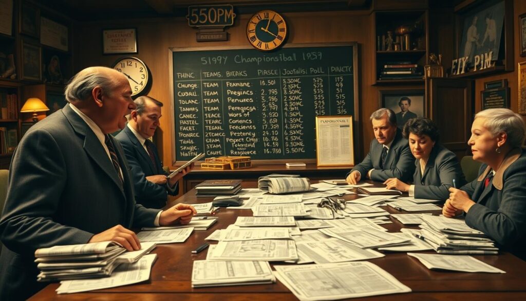 A dramatic scene set in 1939, depicting a group of passionate sports journalists and college football officials gathered around a large, vintage wooden table strewn with newspapers and polling charts, discussing the championship title controversy. In the foreground, two men in sharp suits passionately debate, while a woman takes notes, all dressed in 1930s business attire. In the middle ground, a large chalkboard lists teams and poll results, with a clock on the wall showing 5:00 PM, highlighting urgency. The background features an office filled with classic sports memorabilia, dimly lit with warm yellow tones, creating a tense yet historical atmosphere. The angle is slightly elevated, conveying a sense of scrutiny and high stakes in the decision-making process.