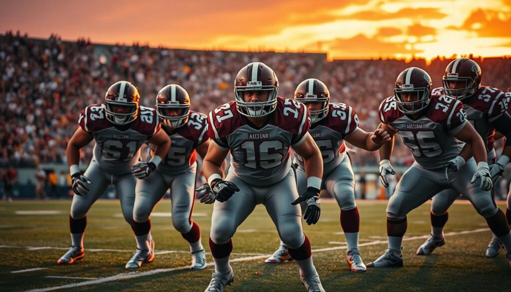 A dynamic football defensive scene capturing the essence of the Wrecking Crew legacy from the ’80s and ’90s. In the foreground, a group of three intense defensive players, clad in vintage A&M uniforms, displaying strong stances with fierce expressions, embodying teamwork and determination. The middle ground features a bustling football field, lined with excited fans in the stands, their energy palpable. The background includes a vivid sunset casting dramatic shadows, enhancing the scene's intensity. The lighting is warm and focused on the athletes, highlighting their muscular forms and serious expressions, with a shallow depth of field that draws attention to the action. The mood reflects empowerment, historical significance, and a lasting impact on defensive strategies in modern football. A dynamic football defensive scene capturing the essence of the Wrecking Crew legacy from the ’80s and ’90s. In the foreground, a group of three intense defensive players, clad in vintage A&M uniforms, displaying strong stances with fierce expressions, embodying teamwork and determination. The middle ground features a bustling football field, lined with excited fans in the stands, their energy palpable. The background includes a vivid sunset casting dramatic shadows, enhancing the scene's intensity. The lighting is warm and focused on the athletes, highlighting their muscular forms and serious expressions, with a shallow depth of field that draws attention to the action. The mood reflects empowerment, historical significance, and a lasting impact on defensive strategies in modern football.