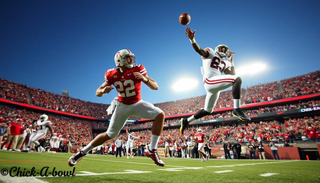 A dynamic football scene featuring Johnny Manziel and Mike Evans in the heat of a thrilling play during the 2013 Chick-fil-A Bowl. In the foreground, capture Johnny in a poised, agile stance, defying odds as he dodges defenders with a magical, Houdini-like flair. Mike Evans is in mid-leap, ready to make an incredible catch, showcasing athleticism and intensity. The middle ground reveals a vibrant football stadium filled with supporters, their excitement palpable. The background features a clear night sky illuminated by stadium lights, enhancing the electrifying atmosphere. Use a wide-angle lens to emphasize the movement and depth, with bright, dramatic lighting to highlight the players’ expressions and determination, encapsulating the essence of an unforgettable moment in college football history.