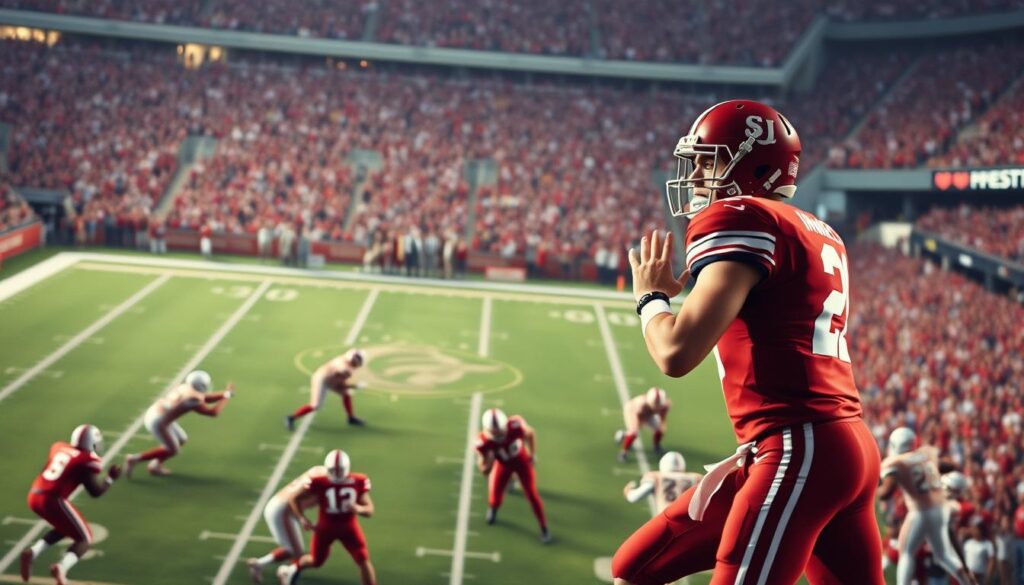 A dynamic football scene featuring Johnny Manziel as he executes a complex offensive scheme during the 2012 Alabama upset. In the foreground, Johnny is positioned in a decisive throwing stance, wearing a crisp, professional football uniform in a vibrant color scheme. The middle ground showcases his teammates dispersing to create spacing, with detailed depictions of receivers running precise routes like mesh patterns. The background captures the stadium atmosphere, filled with cheering fans under bright stadium lights, emphasizing the excitement of the moment. The image is shot from a low angle to enhance the action and urgency, with a blurred effect on the crowd to maintain focus on the strategic setup on the field, conveying an intense, competitive mood. A dynamic football scene featuring Johnny Manziel as he executes a complex offensive scheme during the 2012 Alabama upset. In the foreground, Johnny is positioned in a decisive throwing stance, wearing a crisp, professional football uniform in a vibrant color scheme. The middle ground showcases his teammates dispersing to create spacing, with detailed depictions of receivers running precise routes like mesh patterns. The background captures the stadium atmosphere, filled with cheering fans under bright stadium lights, emphasizing the excitement of the moment. The image is shot from a low angle to enhance the action and urgency, with a blurred effect on the crowd to maintain focus on the strategic setup on the field, conveying an intense, competitive mood.