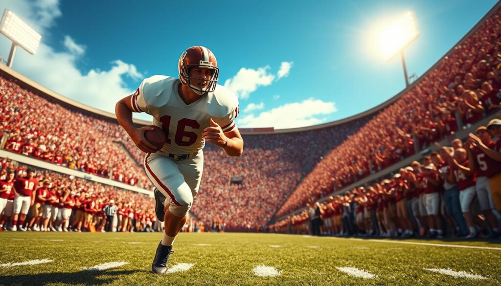 A dynamic scene capturing John David Crow during his Heisman-winning season of 1957, showcasing him in a pristine Texas A&M football uniform, complete with a helmet and pads. The foreground emphasizes Crow in action, sprinting with determination down the field, a football securely tucked under his arm. In the middle ground, a vivid depiction of a packed stadium, with fans in maroon and white cheering passionately, their faces filled with excitement. The background features a bright blue sky and stadium lights illuminating the field, creating a vibrant atmosphere of energy and hope. The lighting is dramatic, casting dynamic shadows to enhance the motion. The overall mood reflects triumph and ambition, illustrating Crow's ascent in football history. A dynamic scene capturing John David Crow during his Heisman-winning season of 1957, showcasing him in a pristine Texas A&M football uniform, complete with a helmet and pads. The foreground emphasizes Crow in action, sprinting with determination down the field, a football securely tucked under his arm. In the middle ground, a vivid depiction of a packed stadium, with fans in maroon and white cheering passionately, their faces filled with excitement. The background features a bright blue sky and stadium lights illuminating the field, creating a vibrant atmosphere of energy and hope. The lighting is dramatic, casting dynamic shadows to enhance the motion. The overall mood reflects triumph and ambition, illustrating Crow's ascent in football history.