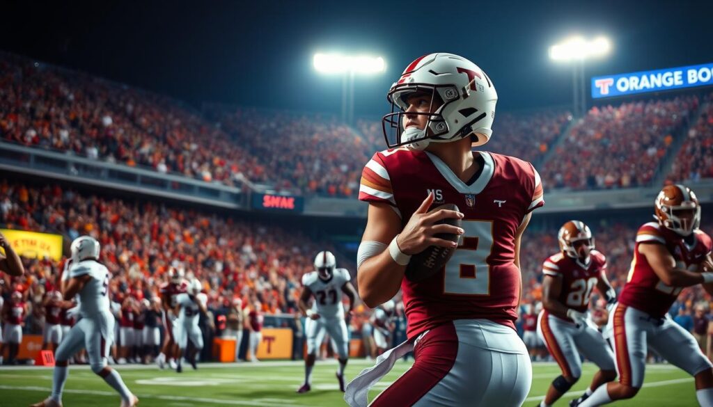 A dynamic scene capturing Kellen Mond during a pivotal moment in the 2020 Orange Bowl, emphasizing his focus and determination. In the foreground, Mond, dressed in a sleek, professional football uniform with a vibrant maroon and white design, is poised for a pass, the intensity of the fourth quarter palpable on his face. The middle ground features teammates and defenders engaged in a tense moment, their expressions reflecting the stakes of the game, while the background showcases a packed stadium filled with cheering fans, vibrant colors of team jerseys blending into a sea of excitement. Bright stadium lights cast dramatic shadows, enhancing the atmosphere of urgency and thrill, with a slightly low angle to emphasize Mond's leadership on the field. A dynamic scene capturing Kellen Mond during a pivotal moment in the 2020 Orange Bowl, emphasizing his focus and determination. In the foreground, Mond, dressed in a sleek, professional football uniform with a vibrant maroon and white design, is poised for a pass, the intensity of the fourth quarter palpable on his face. The middle ground features teammates and defenders engaged in a tense moment, their expressions reflecting the stakes of the game, while the background showcases a packed stadium filled with cheering fans, vibrant colors of team jerseys blending into a sea of excitement. Bright stadium lights cast dramatic shadows, enhancing the atmosphere of urgency and thrill, with a slightly low angle to emphasize Mond's leadership on the field.