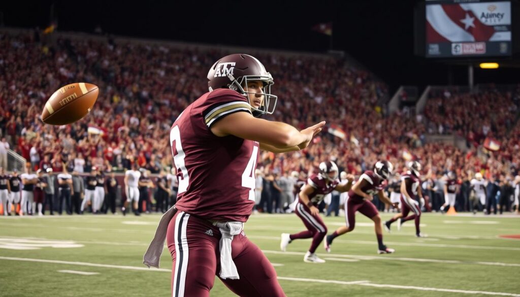 A dynamic scene capturing the essence of the "Johnny Football" era Texas A&M offense during a pivotal moment in a game. In the foreground, a young, athletic quarterback in a maroon Texas A&M uniform, helmet on, is poised to throw a pass, showcasing determination. Mid-field, teammates are strategically positioned, displaying a mix of concentration and energy, some in action poses ready to receive the ball. The background erupts with an enthusiastic crowd, painted in vibrant maroon and white, waving flags and showing spirited support. The stadium lights illuminate the field, creating dramatic contrasts in shadows and highlights. The mood is electric, embodying the unique culture and fervor of college football fandom during Manziel’s iconic Heisman season, captured from a slightly low angle to emphasize intensity and excitement. A dynamic scene capturing the essence of the "Johnny Football" era Texas A&M offense during a pivotal moment in a game. In the foreground, a young, athletic quarterback in a maroon Texas A&M uniform, helmet on, is poised to throw a pass, showcasing determination. Mid-field, teammates are strategically positioned, displaying a mix of concentration and energy, some in action poses ready to receive the ball. The background erupts with an enthusiastic crowd, painted in vibrant maroon and white, waving flags and showing spirited support. The stadium lights illuminate the field, creating dramatic contrasts in shadows and highlights. The mood is electric, embodying the unique culture and fervor of college football fandom during Manziel’s iconic Heisman season, captured from a slightly low angle to emphasize intensity and excitement.