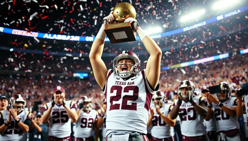 A jubilant Johnny Manziel stands at the center of the frame, holding the Heisman Trophy high above his head, radiating excitement after his monumental victory. He is wearing a Texas A&M uniform, complete with helmet and pads, showcasing his iconic “Johnny Football” playstyle. Surrounding him are teammates celebrating, clapping and cheering, dressed in matching team gear. In the background, the crowd is a blur of maroon and white, their faces illuminated with joy, while confetti rains down, creating a festive atmosphere. The lighting is bright and vibrant, emphasizing the triumphant moment. A shallow depth of field focuses on Manziel, creating a sense of intimacy in this celebratory scene, capturing the essence of a historic upset against Alabama in 2012. A jubilant Johnny Manziel stands at the center of the frame, holding the Heisman Trophy high above his head, radiating excitement after his monumental victory. He is wearing a Texas A&M uniform, complete with helmet and pads, showcasing his iconic “Johnny Football” playstyle. Surrounding him are teammates celebrating, clapping and cheering, dressed in matching team gear. In the background, the crowd is a blur of maroon and white, their faces illuminated with joy, while confetti rains down, creating a festive atmosphere. The lighting is bright and vibrant, emphasizing the triumphant moment. A shallow depth of field focuses on Manziel, creating a sense of intimacy in this celebratory scene, capturing the essence of a historic upset against Alabama in 2012.