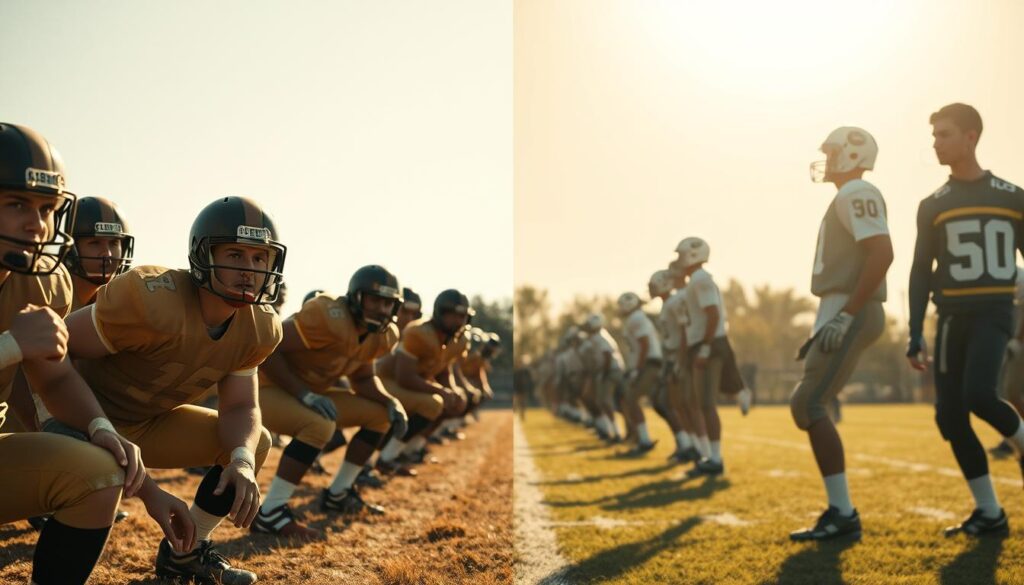 A split-image composition depicting "Junction Boys training camp safety comparison" with a historical and modern perspective. In the foreground, on the left, a group of 1954 football players, dressed in period-appropriate gear, are shown enduring grueling training drills under the intense Texas sun, demonstrating resilience and determination. Their expressions are focused and gritty. In contrast, the right side portrays contemporary athletes in modern training gear, engaged in a safe practice environment with visible safety equipment such as helmets and padding. The middle ground showcases a training field that blends past and present elements, with vintage sports gear on one side and modern training equipment on the other. Rich golden sunlight bathes the scene, creating a nostalgic yet progressive atmosphere, with a soft depth of field to emphasize the players. The overall mood conveys a sense of evolution in training philosophies, blending history with innovation. A split-image composition depicting "Junction Boys training camp safety comparison" with a historical and modern perspective. In the foreground, on the left, a group of 1954 football players, dressed in period-appropriate gear, are shown enduring grueling training drills under the intense Texas sun, demonstrating resilience and determination. Their expressions are focused and gritty. In contrast, the right side portrays contemporary athletes in modern training gear, engaged in a safe practice environment with visible safety equipment such as helmets and padding. The middle ground showcases a training field that blends past and present elements, with vintage sports gear on one side and modern training equipment on the other. Rich golden sunlight bathes the scene, creating a nostalgic yet progressive atmosphere, with a soft depth of field to emphasize the players. The overall mood conveys a sense of evolution in training philosophies, blending history with innovation.