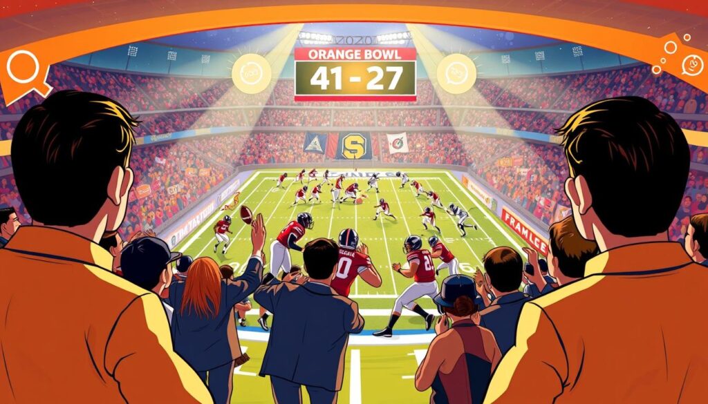 A vibrant illustration of the 2020 Orange Bowl game, showcasing a thrilling football atmosphere. In the foreground, a group of passionate fans in professional business attire, cheering energetically with a backdrop of colorful team banners. The middle layer features the football field in action, a dynamic scene with players in motion, clad in their respective jerseys, battling for possession of the ball. The scoreboard vividly displays the final score of 41-27, set against the glowing stadium lights. In the background, a swirling crowd with excited expressions creates a lively environment. The lighting is bright and warm, capturing an electrifying evening game feel. The overall mood is charged with exhilaration and anticipation, highlighting the debate surrounding the College Football Playoff's criteria. A vibrant illustration of the 2020 Orange Bowl game, showcasing a thrilling football atmosphere. In the foreground, a group of passionate fans in professional business attire, cheering energetically with a backdrop of colorful team banners. The middle layer features the football field in action, a dynamic scene with players in motion, clad in their respective jerseys, battling for possession of the ball. The scoreboard vividly displays the final score of 41-27, set against the glowing stadium lights. In the background, a swirling crowd with excited expressions creates a lively environment. The lighting is bright and warm, capturing an electrifying evening game feel. The overall mood is charged with exhilaration and anticipation, highlighting the debate surrounding the College Football Playoff's criteria.