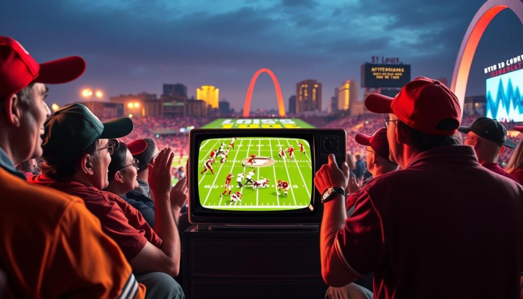 A vibrant scene capturing the essence of the 1998 Big 12 Championship broadcast memories set in St. Louis, showcasing an energetic atmosphere. In the foreground, a group of jubilant fans dressed in team colors, wearing hats and jerseys, cheer passionately as they watch the game on an old-fashioned television set, their faces reflecting excitement and nostalgia. The middle ground features a stylized representation of the game, with bold colors and expressive movements of players on the field, capturing the dramatic moments of the comeback. In the background, iconic St. Louis landmarks are faintly visible, bathed in warm lighting, evoking a sense of place and history. The image conveys a mood of triumph and joy, with a cinematic angle that emphasizes the emotional connection between fans and the unforgettable game. A vibrant scene capturing the essence of the 1998 Big 12 Championship broadcast memories set in St. Louis, showcasing an energetic atmosphere. In the foreground, a group of jubilant fans dressed in team colors, wearing hats and jerseys, cheer passionately as they watch the game on an old-fashioned television set, their faces reflecting excitement and nostalgia. The middle ground features a stylized representation of the game, with bold colors and expressive movements of players on the field, capturing the dramatic moments of the comeback. In the background, iconic St. Louis landmarks are faintly visible, bathed in warm lighting, evoking a sense of place and history. The image conveys a mood of triumph and joy, with a cinematic angle that emphasizes the emotional connection between fans and the unforgettable game.