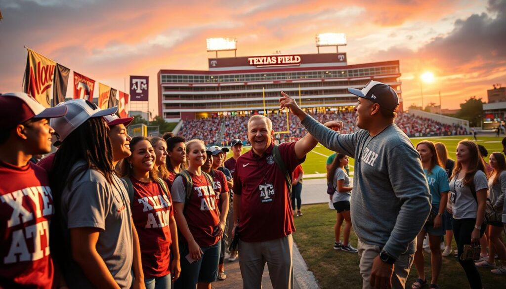 A vibrant scene capturing the excitement of Texas A&M's recruiting momentum after a significant victory over Alabama. In the foreground, a diverse group of enthusiastic recruits, clad in Texas A&M apparel, engaging with a charismatic coach pointing towards a vibrant display of school pride, including banners and logo merchandise. The middle ground features a lively campus tour, with students conversing and laughing amidst the iconic Kyle Field as a backdrop, basking in the warm golden glow of sunset. The background shows the stadium lit up with maroon and white lights, emphasizing a celebratory atmosphere. The image conveys a sense of hope and community, showcasing the joy and energy surrounding the program's renewed brand following the win. Captured with a dynamic wide-angle lens to create depth and a sense of action. A vibrant scene capturing the excitement of Texas A&M's recruiting momentum after a significant victory over Alabama. In the foreground, a diverse group of enthusiastic recruits, clad in Texas A&M apparel, engaging with a charismatic coach pointing towards a vibrant display of school pride, including banners and logo merchandise. The middle ground features a lively campus tour, with students conversing and laughing amidst the iconic Kyle Field as a backdrop, basking in the warm golden glow of sunset. The background shows the stadium lit up with maroon and white lights, emphasizing a celebratory atmosphere. The image conveys a sense of hope and community, showcasing the joy and energy surrounding the program's renewed brand following the win. Captured with a dynamic wide-angle lens to create depth and a sense of action.