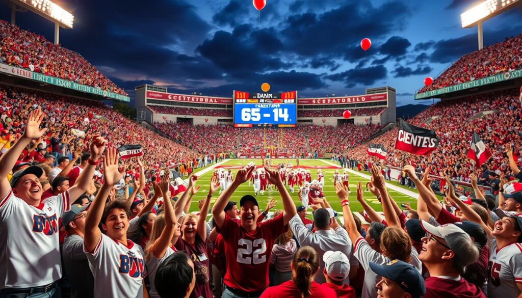 A vibrant stadium filled with excited fans celebrating R.C. Slocum's first season bowl victory, showcasing a diverse crowd wearing maroon and white team colors. In the foreground, a group of enthusiastic fans jump and cheer, their expressions filled with joy and disbelief. In the middle ground, the football field displays a scoreboard indicating the dramatic score of 65–14 against BYU, with players in their uniforms celebrating triumphantly. The background features colorful banners and balloons, with the stadium lights illuminating the scene under a twilight sky. The angle is slightly elevated, capturing the crowd’s energy. The mood is electric and triumphant, emphasizing the historic moment and the national reaction to the stunning victory. A vibrant stadium filled with excited fans celebrating R.C. Slocum's first season bowl victory, showcasing a diverse crowd wearing maroon and white team colors. In the foreground, a group of enthusiastic fans jump and cheer, their expressions filled with joy and disbelief. In the middle ground, the football field displays a scoreboard indicating the dramatic score of 65–14 against BYU, with players in their uniforms celebrating triumphantly. The background features colorful banners and balloons, with the stadium lights illuminating the scene under a twilight sky. The angle is slightly elevated, capturing the crowd’s energy. The mood is electric and triumphant, emphasizing the historic moment and the national reaction to the stunning victory.