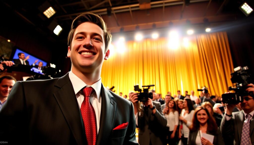 A vivid scene capturing the excitement of Johnny Manziel's Heisman campaign in 2012. In the foreground, a close-up of a confident Manziel in a sharp, tailored suit, his vibrant smile reflecting his determination. In the middle, a dynamic atmosphere filled with journalists and fans, all dressed in professional attire, showcasing their anticipation. The background features a lavish award ceremony stage with golden curtains and bright spotlights, emphasizing the glamour of the event. The lighting is warm and inviting, creating an atmosphere of celebration and achievement. The angle is slightly tilted upward, portraying Manziel as the focal point of attention, surrounded by supportive fans and the vibrant energy of a Heisman night. A vivid scene capturing the excitement of Johnny Manziel's Heisman campaign in 2012. In the foreground, a close-up of a confident Manziel in a sharp, tailored suit, his vibrant smile reflecting his determination. In the middle, a dynamic atmosphere filled with journalists and fans, all dressed in professional attire, showcasing their anticipation. The background features a lavish award ceremony stage with golden curtains and bright spotlights, emphasizing the glamour of the event. The lighting is warm and inviting, creating an atmosphere of celebration and achievement. The angle is slightly tilted upward, portraying Manziel as the focal point of attention, surrounded by supportive fans and the vibrant energy of a Heisman night.