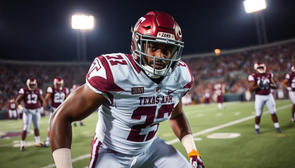Aaron Glenn, a Texas A&M cornerback, stands confidently on a football field, wearing a traditional maroon and white uniform, showcasing the team's bold colors and logo. He is in a dynamic defensive stance, eyes focused intently on an unseen opponent, ready to make a critical play. The foreground captures his athletic build and determination, with a close-up on his helmet and pads glistening under bright stadium lights. In the middle background, blurred images of teammates strategizing and a cheering crowd create an energetic atmosphere, while the night sky looms above, adding to the tension of the moment. The shot is taken from a slightly low angle, emphasizing Glenn's presence as a key player in the school's rich football history. Aaron Glenn, a Texas A&M cornerback, stands confidently on a football field, wearing a traditional maroon and white uniform, showcasing the team's bold colors and logo. He is in a dynamic defensive stance, eyes focused intently on an unseen opponent, ready to make a critical play. The foreground captures his athletic build and determination, with a close-up on his helmet and pads glistening under bright stadium lights. In the middle background, blurred images of teammates strategizing and a cheering crowd create an energetic atmosphere, while the night sky looms above, adding to the tension of the moment. The shot is taken from a slightly low angle, emphasizing Glenn's presence as a key player in the school's rich football history.