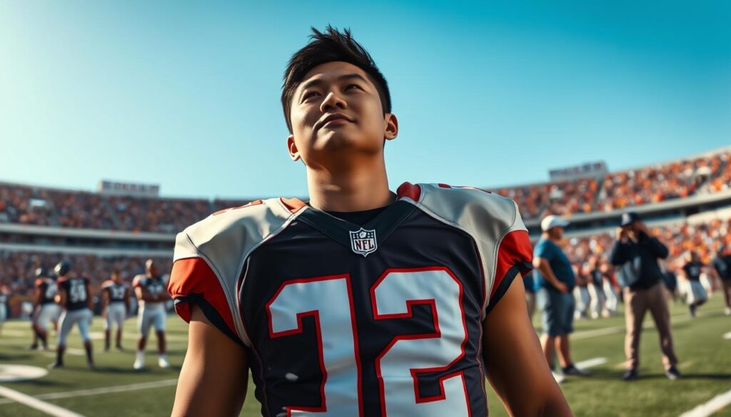 Dat Nguyen, a former NFL player, stands proudly on a football field during a sunny afternoon. In the foreground, he wears a polished, modern football jersey featuring bold colors and his iconic number. His expression reflects determination and pride as he looks towards the horizon, symbolizing his journey from college to the NFL. In the middle ground, blurred football players, coaches, and fans can be seen, adding context to his athletic career. The background reveals a packed stadium under a clear blue sky, with the bright sunlight casting dynamic shadows across the field. The overall atmosphere conveys a triumphant mood, celebrating Nguyen's achievements and legacy as a key figure in football. Use a medium shot with a wide-angle perspective to capture the energetic spirit of the moment. Dat Nguyen, a former NFL player, stands proudly on a football field during a sunny afternoon. In the foreground, he wears a polished, modern football jersey featuring bold colors and his iconic number. His expression reflects determination and pride as he looks towards the horizon, symbolizing his journey from college to the NFL. In the middle ground, blurred football players, coaches, and fans can be seen, adding context to his athletic career. The background reveals a packed stadium under a clear blue sky, with the bright sunlight casting dynamic shadows across the field. The overall atmosphere conveys a triumphant mood, celebrating Nguyen's achievements and legacy as a key figure in football. Use a medium shot with a wide-angle perspective to capture the energetic spirit of the moment.