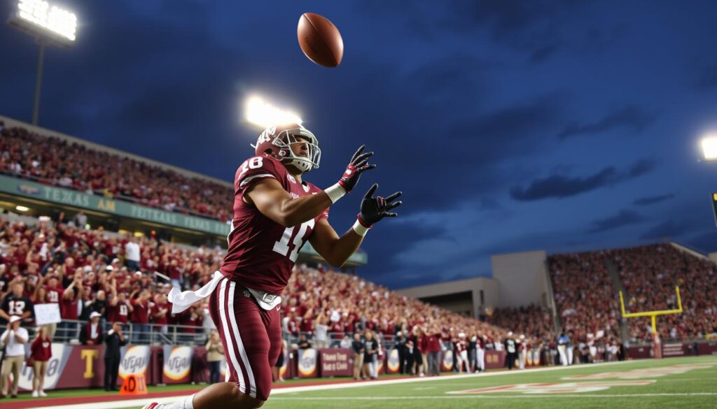 Mike Evans in a Texas A&M football uniform, showcasing his agility on the field during a dramatic game moment. Foreground: Evans in a maroon jersey with white accents, focused and determined, catching a football mid-air. Middle: A vibrant crowd in the stands, dressed in maroon and white, cheering passionately, with some holding signs. Background: The Texas A&M stadium under bright stadium lights, creating a dramatic atmosphere with a twilight sky. The lighting emphasizes the excitement of the game. Capture the scene with a slight low angle, emphasizing Evans's athleticism and the energetic vibe of the game. The overall mood should be intense and dynamic, reflecting the spirit of college football.