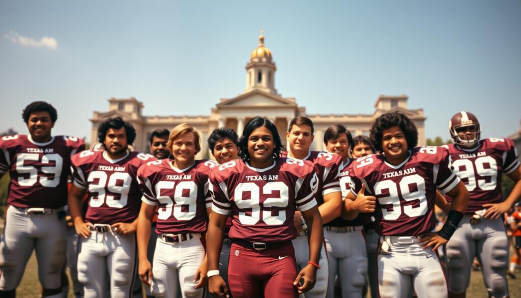 A Texas A&M football team photo capturing the transition period from 1979 to 1981. The foreground features diverse players in professional sports uniforms, showcasing team spirit and camaraderie. Each player is smiling and standing confidently, exuding enthusiasm and unity. In the middle ground, the iconic Texas A&M campus can be subtly seen, with its distinctive architecture in a soft focus, suggesting a proud heritage. The background presents a bright, sunny day with blue skies, adding an uplifting atmosphere. The image should have a warm, natural light illuminating the players, and a shallow depth of field to keep the focus on the team. The composition should reflect camaraderie and pride, encapsulating the essence of this notable era.