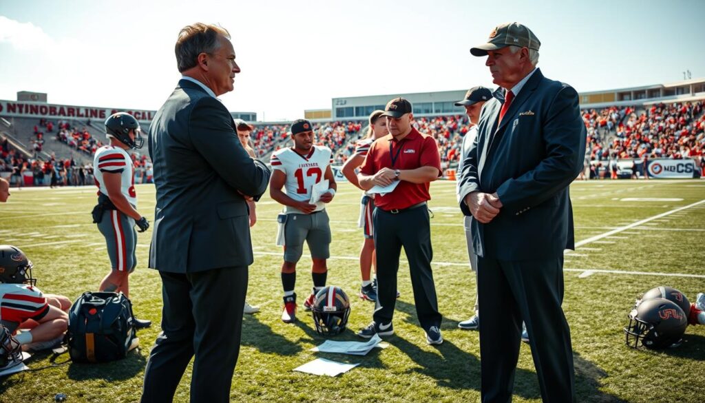 A dynamic coaching development scene depicting the progression from position coach to head coach in a college football setting. In the foreground, a confident position coach, dressed in professional business attire, discusses strategies with a group of attentive athletes on a football field. In the middle ground, features multiple coaches interacting, showcasing various coaching roles and responsibilities, with diagrams and playbooks scattered around them. The background includes a large, well-maintained football stadium under bright, daytime lighting, with fans in the stands, creating an atmosphere of excitement and ambition. The perspective is slightly elevated, capturing the essence of mentorship and growth, while emphasizing the importance of teamwork and leadership in football coaching.