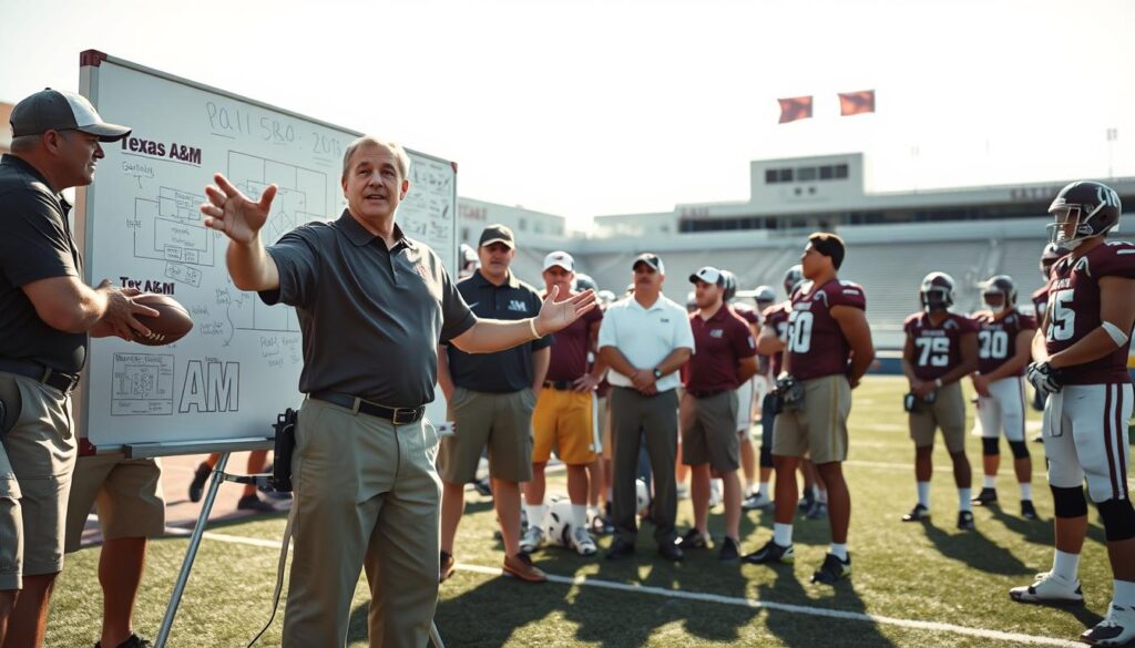 A dynamic football coaching scene portraying Mike Sherman as a key figure in the Texas A&M coaching staff during system implementation from 2008 to 2011. In the foreground, Sherman, dressed in a professional Texas A&M polo and khakis, gestures enthusiastically at a whiteboard filled with strategic plays and diagrams. In the middle ground, attentive coaches and players are gathered around, showcasing a mix of intense focus and collaboration, all in athletic attire. The background features the Texas A&M practice field under bright, warm sunlight with football equipment and team banners visible. The atmosphere is charged with excitement and determination, symbolizing a pivotal moment in college football evolving from NFL influences. The angle should capture the energy of the scene, emphasizing teamwork and strategy in action.