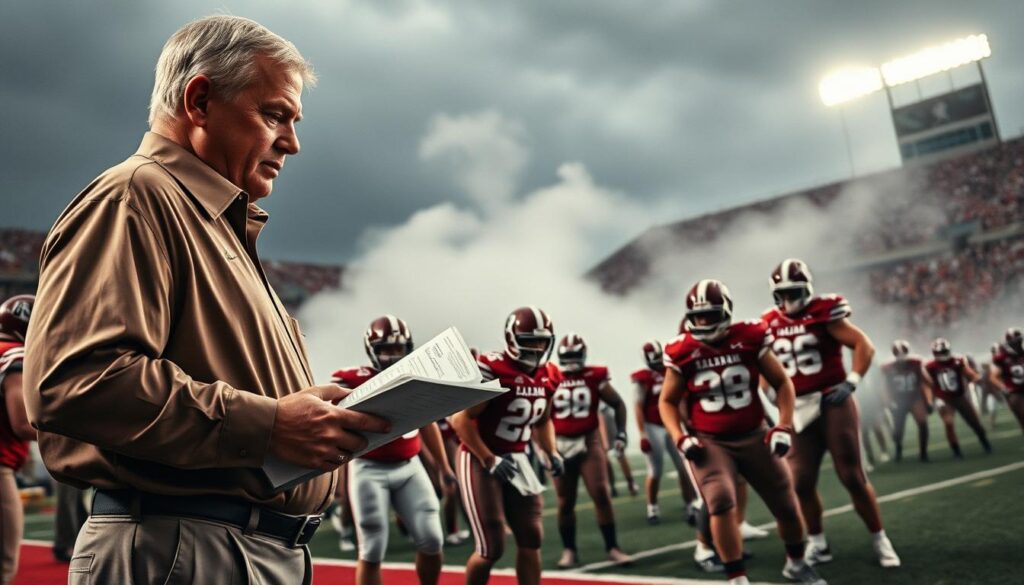 A dynamic football scene illustrating the challenges Dennis Franchione faced during his coaching tenure at Alabama, with an emphasis on key moments of struggle. In the foreground, a determined football coach in professional attire stands on the sidelines, examining a playbook with a focused expression. In the middle ground, a team of players clad in Alabama jerseys engages in a challenging practice session, with frustrated expressions as they tackle their drills. The background depicts a packed stadium under overcast skies, adding tension to the scene, while a subtle mist rolls across the field to enhance the atmosphere. The lighting is moody, with soft shadows highlighting the intensity of the moment, shot from a low angle to emphasize the scale of the challenges faced.