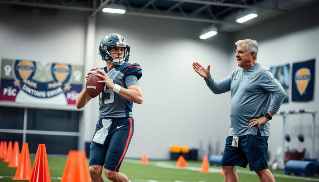 A dynamic indoor quarterback training session featuring a focused young quarterback wearing a fitted athletic jersey and shorts, practicing throwing techniques under the guidance of a seasoned coach. The foreground includes a training cone setup and a football in mid-throw, capturing the action. In the middle ground, the coach, dressed in a professional coaching outfit, provides feedback with an encouraging gesture. The background shows a sports facility with training equipment, banners displaying football team colors, and soft, ambient lighting that highlights the athletes' determination. A shallow depth of field emphasizes the intensity of the training, fostering a sense of hard work and dedication in a professional sports atmosphere. A dynamic indoor quarterback training session featuring a focused young quarterback wearing a fitted athletic jersey and shorts, practicing throwing techniques under the guidance of a seasoned coach. The foreground includes a training cone setup and a football in mid-throw, capturing the action. In the middle ground, the coach, dressed in a professional coaching outfit, provides feedback with an encouraging gesture. The background shows a sports facility with training equipment, banners displaying football team colors, and soft, ambient lighting that highlights the athletes' determination. A shallow depth of field emphasizes the intensity of the training, fostering a sense of hard work and dedication in a professional sports atmosphere.