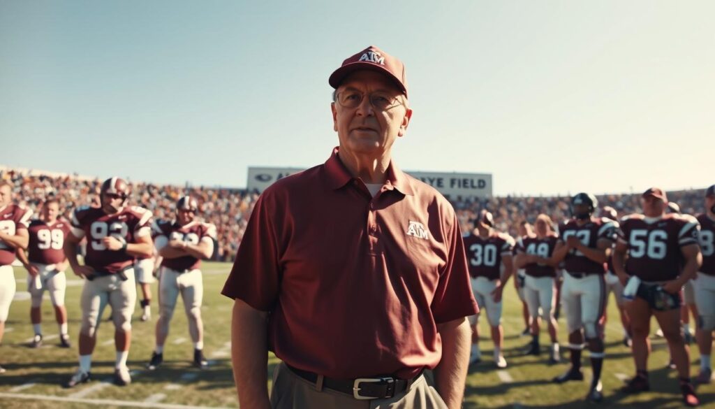 A dynamic scene capturing a pivotal moment in Gene Stallings' coaching career at Texas A&M, set on a vibrant football field in the late 1960s. In the foreground, Coach Stallings, dressed in a classic Texas A&M polo and cap, passionately discusses strategy with a diverse group of players in their uniforms, all showing enthusiasm and determination. In the middle ground, the iconic Kyle Field stands proudly, with fans cheering in the stands, embodying the spirit of college football. The background features a clear blue sky, enhancing the energetic atmosphere. The lighting is warm and promising, suggesting a bright future. Use a wide-angle lens to emphasize the camaraderie and intensity of this foundational era in college sports. A dynamic scene capturing a pivotal moment in Gene Stallings' coaching career at Texas A&M, set on a vibrant football field in the late 1960s. In the foreground, Coach Stallings, dressed in a classic Texas A&M polo and cap, passionately discusses strategy with a diverse group of players in their uniforms, all showing enthusiasm and determination. In the middle ground, the iconic Kyle Field stands proudly, with fans cheering in the stands, embodying the spirit of college football. The background features a clear blue sky, enhancing the energetic atmosphere. The lighting is warm and promising, suggesting a bright future. Use a wide-angle lens to emphasize the camaraderie and intensity of this foundational era in college sports.