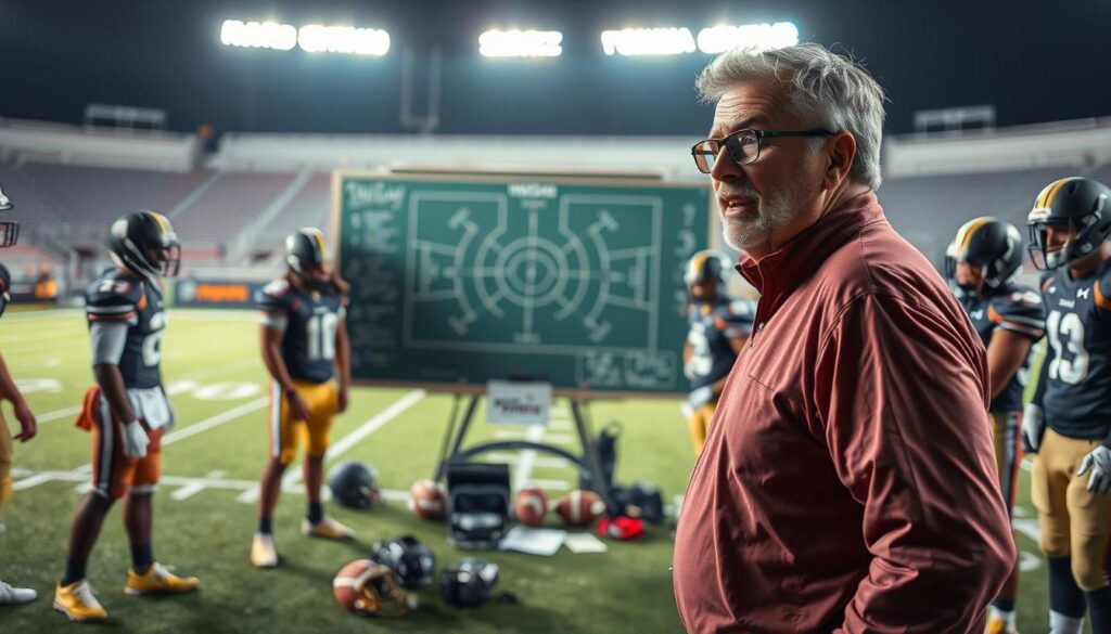 A dynamic scene depicting Emory Bellard in a coaching setting, emphasizing his football coaching philosophy. In the foreground, Bellard is animatedly discussing strategy with a diverse group of players in professional athletic attire. The middle ground features a chalkboard filled with tactical diagrams of the Wishbone offense, surrounded by football gear. The background showcases a vibrant football field under bright stadium lights, capturing the excitement of a game day. The atmosphere is focused and intense, conveying a sense of teamwork and innovation. Use a slightly low-angle perspective to emphasize Bellard's stature as a leader, with soft but bright lighting to highlight the players' determination and the rich colors of the team's uniforms.