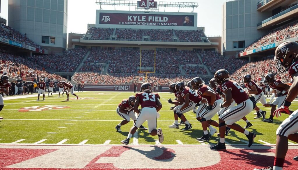 A dynamic scene of a college football offense, showcasing the Texas A&M team in action, employing the innovative Wishbone formation. In the foreground, a diverse group of players in professional athletic uniforms, focused and strategizing, highlight the excitement of the moment. The middle ground features a bustling football field with precise yard markers and a vibrant crowd in the stands, creating a lively atmosphere. In the background, iconic elements of Kyle Field are visible, with banners celebrating the team's history. The lighting is bright and vivid, capturing the intensity of game day, while the angle is slightly elevated, providing a comprehensive view of the offense and emphasizing their revolutionary approach to the game. The mood is energized and forward-looking, reflecting the spirit of innovation.