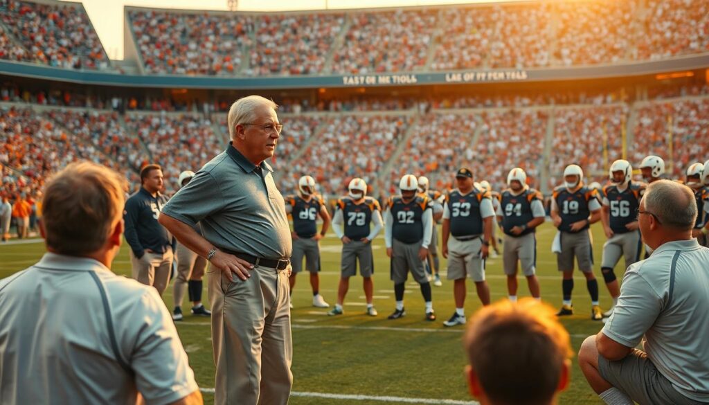 A dynamic scene showcasing R.C. Slocum surrounded by his coaching disciples on a football field. In the foreground, Slocum, a middle-aged man in a professional polo and khakis, is animatedly discussing plays with a diverse group of younger coaches, reflecting determination and mentorship. In the middle ground, the disciples, dressed in college coaching attire, are engaged in a training drill, showcasing teamwork and strategy. The background features a vibrant stadium filled with excited fans, with the sun setting, casting a warm golden hue over the scene. The atmosphere is electric, capturing the essence of football legacy and mentorship. Use a wide-angle lens to emphasize the emotional connection and camaraderie among the mentors and their disciples.