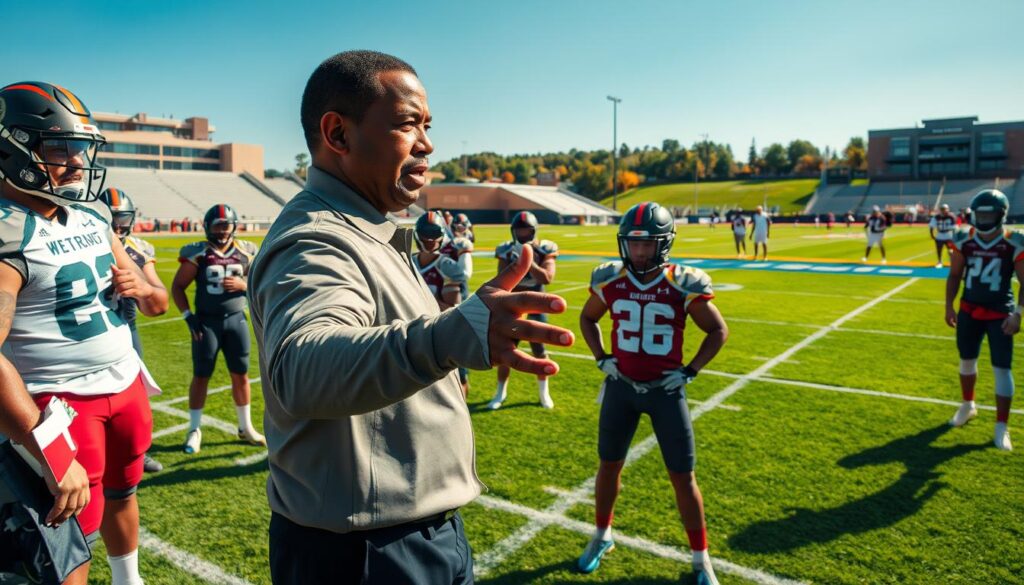 A dynamic scene showcasing a football coach, embodying the role of a South defensive coordinator, passionately engaging with a diverse group of college players on a practice field. Foreground: the coach, a middle-aged Black man in professional attire, demonstrating a defensive play with animated gestures, surrounded by attentive players in helmets and jerseys. Middle: the players, a mix of ethnicities—Hispanic, Caucasian, and African American—eagerly taking notes and practicing drills, depicting a sense of teamwork and learning. Background: a university campus with football fields, stadiums, and training facilities under a clear blue sky, with vibrant green grass and early morning sunlight illuminating the scene. The atmosphere feels energetic and focused, emphasizing dedication to developing NFL-caliber defensive talent.