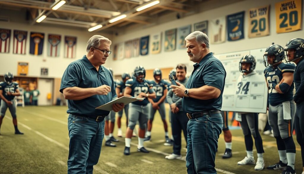 A focused and dynamic scene capturing the essence of leadership in a football coaching environment. In the foreground, a confident defensive coordinator, dressed in a smart polo and jeans, passionately reviewing game strategies on a clipboard, with a determined expression. In the middle ground, attentive players, clad in formal team apparel, gather around a large tactical board, engaging in animated discussion, reflecting a sense of teamwork and ambition. The background showcases a well-lit training facility filled with football gear and banners of previous achievements, enhancing the atmosphere of excellence. The lighting is bright with a warm tone, creating an inspiring setting. The angle is slightly tilted, providing a sense of movement and energy, while the overall mood conveys focus, determination, and collaborative leadership.