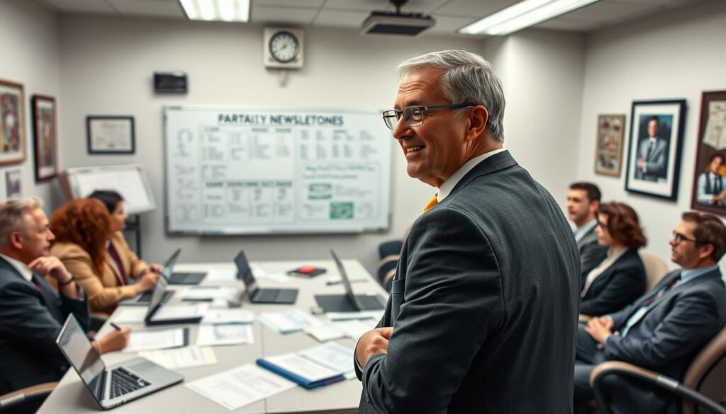 A focused scene capturing a professional coaching office environment, emphasizing a review of a controversial sports newsletter. In the foreground, a middle-aged man, Dennis Franchione, wearing a crisp business suit, is animatedly discussing key elements of the newsletter with a diverse group of assistant coaches, all in professional attire, gathered around a conference table covered with documents and laptops. The middle ground features a large whiteboard filled with notes and charts outlining the controversy, while the background includes sports memorabilia and framed team photos that highlight the era. Soft overhead lighting enhances the serious yet collaborative mood, with a slight lens blur to create depth, imbuing the atmosphere with a sense of urgency and intensity as they dissect the issues at hand.