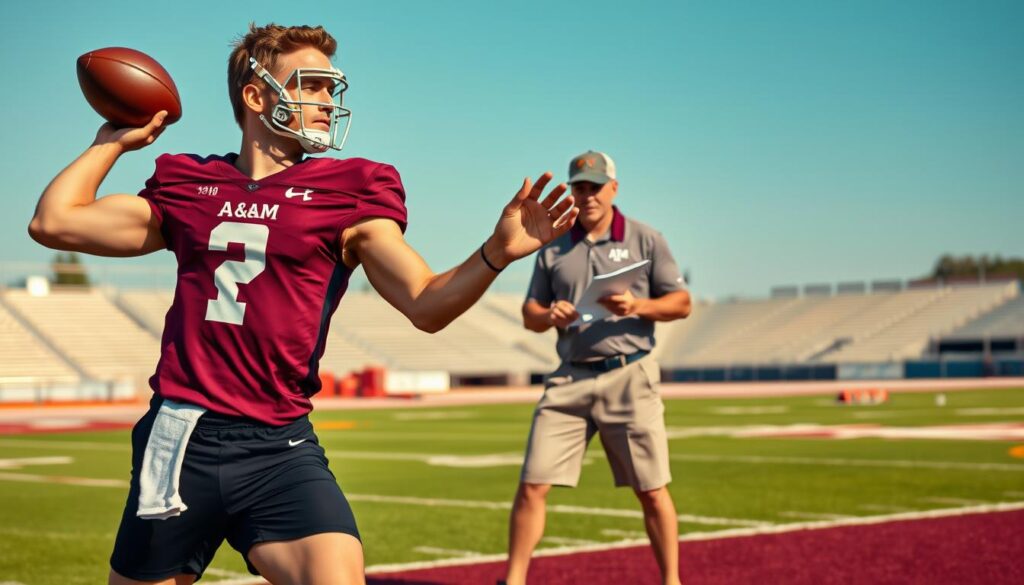 A focused scene depicting Ryan Tannehill in a training environment, emphasizing his development as a quarterback. In the foreground, Tannehill, dressed in a fitted A&M maroon jersey and black athletic shorts, is mid-throw with a football, displaying strong form and concentration. His athletic build and determined expression highlight his commitment to the game. In the middle ground, a coach, clad in a polo shirt and khaki shorts, watches intently, clipboard in hand, evaluating Tannehill’s technique. The background features a vibrant A&M football field, with bright green grass against a clear blue sky. The lighting is warm and golden, suggesting late afternoon, creating an inspiring atmosphere as the sun casts soft shadows. The scene captures dedication, growth, and the legacy of quarterback development. A focused scene depicting Ryan Tannehill in a training environment, emphasizing his development as a quarterback. In the foreground, Tannehill, dressed in a fitted A&M maroon jersey and black athletic shorts, is mid-throw with a football, displaying strong form and concentration. His athletic build and determined expression highlight his commitment to the game. In the middle ground, a coach, clad in a polo shirt and khaki shorts, watches intently, clipboard in hand, evaluating Tannehill’s technique. The background features a vibrant A&M football field, with bright green grass against a clear blue sky. The lighting is warm and golden, suggesting late afternoon, creating an inspiring atmosphere as the sun casts soft shadows. The scene captures dedication, growth, and the legacy of quarterback development.