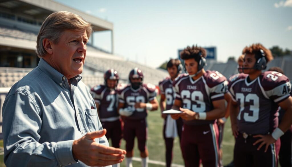 A focused scene depicting Tom Wilson in a dynamic coaching moment at Texas A&M during the late 1970s. In the foreground, Wilson, a middle-aged man with a determined expression, is gesturing emphatically, wearing a professional outfit that includes a light blue button-up shirt and dark slacks. The middle ground shows a diverse group of college athletes in practice jerseys, attentively listening and taking notes on consistency strategies. In the background, an outdoor football field is visible, with bleachers and a clear blue sky suggesting a bright day for training. The scene is infused with a sense of urgency and commitment, highlighting Wilson’s impactful approach to coaching. Soft, natural lighting enhances the mood, capturing a pivotal moment of inspiration and focus.