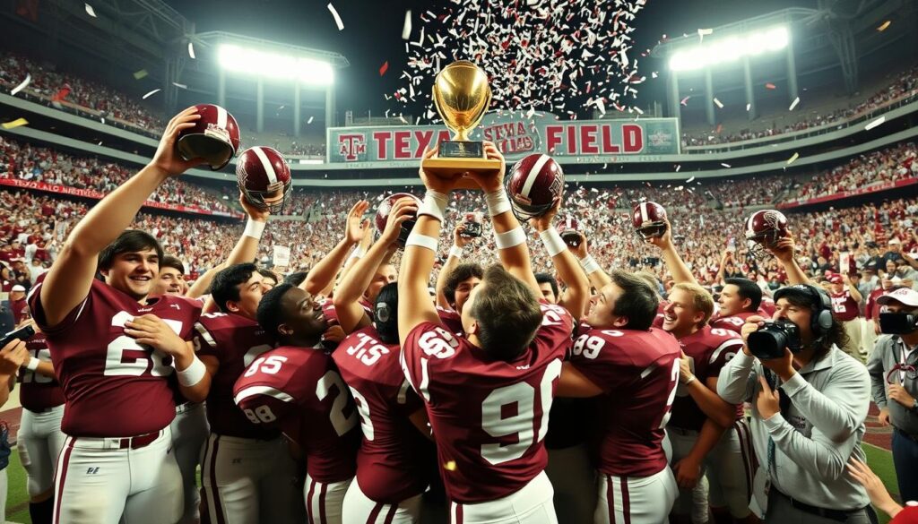 A joyous celebration scene depicting the 1985 Texas A&M SWC Championship football team. In the foreground, players in maroon and white uniforms are lifting a championship trophy, their faces radiant with excitement and pride. In the middle ground, teammates embrace each other, some holding up their helmets in triumph, while confetti falls around them. In the background, the iconic Kyle Field is visible, filled with cheering fans, band members playing victory songs, and banners celebrating the championship. The lighting is bright and festive, capturing the exhilaration of the moment. The angle is slightly elevated, providing a sweeping view of the celebration, embodying a triumphant, nostalgic atmosphere.