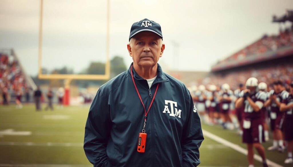 A portrait of R.C. Slocum, an influential football coach, standing confidently on a football field, wearing a navy blue Texas A&M coaching jacket and a cap, embodying his coaching philosophy of discipline and teamwork. In the foreground, a whistle hangs around his neck, symbolizing leadership. The middle ground features a well-maintained football field with goalposts, while the background displays a crowd in maroon and white cheering, reflecting the support he garnered during his tenure. Soft, warm lighting highlights Slocum's thoughtful expression, hinting at his strategic mindset, while the lens offers a slight depth of field, keeping focus on him. The overall atmosphere conveys passion, determination, and a legacy of success in college football.