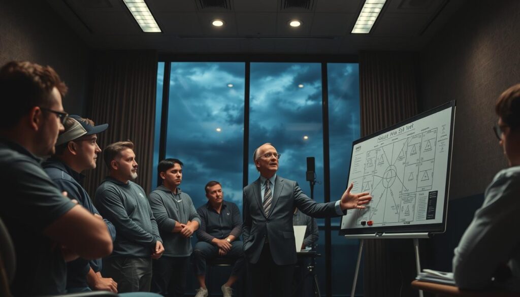 A tense football strategy meeting in a dimly lit conference room, featuring a middle-aged man in a professional suit, embodying Jackie Sherrill’s coaching style. He passionately gestures towards a whiteboard filled with complex plays and diagrams, while a group of attentive coaches and athletes, dressed in modest casual clothing, listen intently. The mood is serious yet focused, capturing the challenges of leading a team during NCAA probation. In the background, a large window reveals a stormy sky, enhancing the atmosphere of struggle and determination. The camera angle is slightly low, emphasizing the man as a central figure of authority and innovation, and soft lighting casts dramatic shadows across the room, heightening the sense of intensity and urgency.