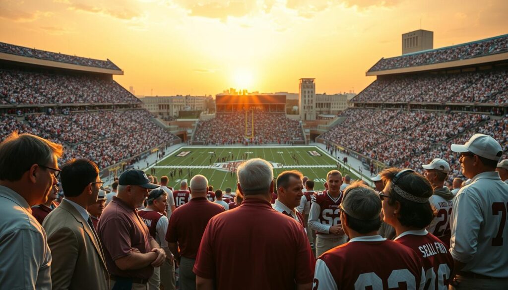 A vibrant scene depicting the foundation of Texas A&M football during the R.C. Slocum era. In the foreground, a diverse group of professional coaches and players engage intensively in discussions and strategy meetings, all dressed in modest sports attire. The middle ground features the iconic Kyle Field, filled with fans in maroon and white jerseys, showcasing the spirit of Aggie football. In the background, the Texas sunset casts a warm orange hue, symbolizing hope and determination, while the Texas A&M campus stands proudly. The lighting is soft and golden, enhancing the atmosphere of camaraderie and ambition. The angle captures a dynamic view that reflects the foundation-building spirit of the program during this pivotal era.