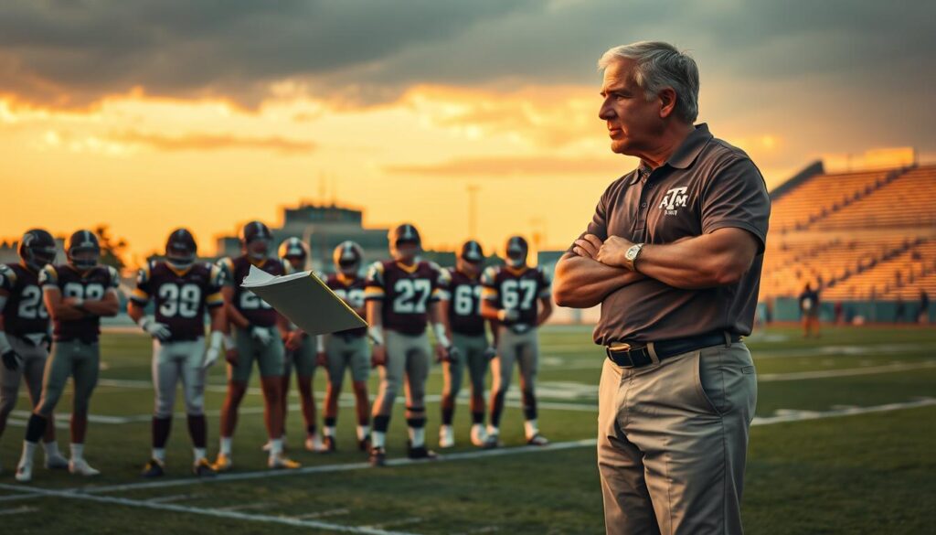 A vintage football coaching scene capturing Gene Stallings' coaching philosophy during the Junction Boys era. In the foreground, Stallings, a middle-aged man with short, neatly combed hair, wearing a tailored Texas A&M polo and khaki pants, stands authoritatively with a playbook in hand, demonstrating a strategy to his attentive players. In the middle ground, several young athletes in practice gear are engaged in drills, showing determination and focus. The background features a Texas A&M practice field under a warm, golden sunset, with iconic college football stadium visible. The image conveys an atmosphere of discipline and dedication, emphasizing teamwork and resilience, with soft, dramatic lighting illuminating the scene, suggesting an inspirational moment in coaching history. A vintage football coaching scene capturing Gene Stallings' coaching philosophy during the Junction Boys era. In the foreground, Stallings, a middle-aged man with short, neatly combed hair, wearing a tailored Texas A&M polo and khaki pants, stands authoritatively with a playbook in hand, demonstrating a strategy to his attentive players. In the middle ground, several young athletes in practice gear are engaged in drills, showing determination and focus. The background features a Texas A&M practice field under a warm, golden sunset, with iconic college football stadium visible. The image conveys an atmosphere of discipline and dedication, emphasizing teamwork and resilience, with soft, dramatic lighting illuminating the scene, suggesting an inspirational moment in coaching history.