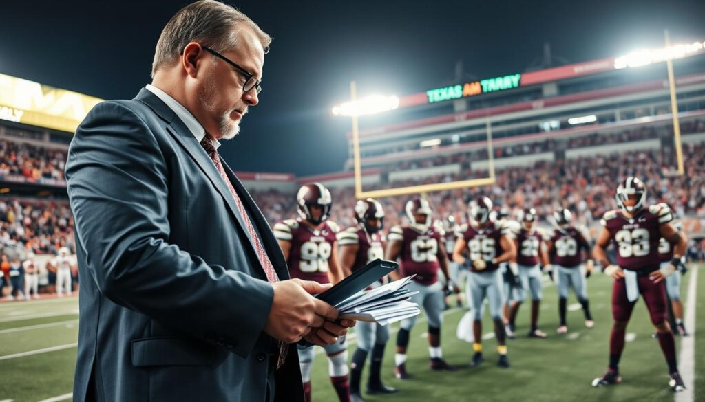 An American football coaching scene featuring Mike Sherman in a dynamic NFL coaching moment. In the foreground, Sherman is depicted in a professional business suit, attentively analyzing play diagrams on a digital tablet. His focus reflects a regal command of the game, with a clipboard and playbook resting nearby. In the middle ground, a diverse group of players in Texas A&M uniforms are engaged in an intense practice session, showcasing their athletic prowess and teamwork. The background is a vibrant football field with goal posts, team banners, and a stadium filled with enthusiastic fans. The atmosphere is electric, illuminated by bright stadium lights, capturing the passion and intensity of football coaching. The image is taken from a low angle to emphasize the height of the players and the grandeur of the setting.