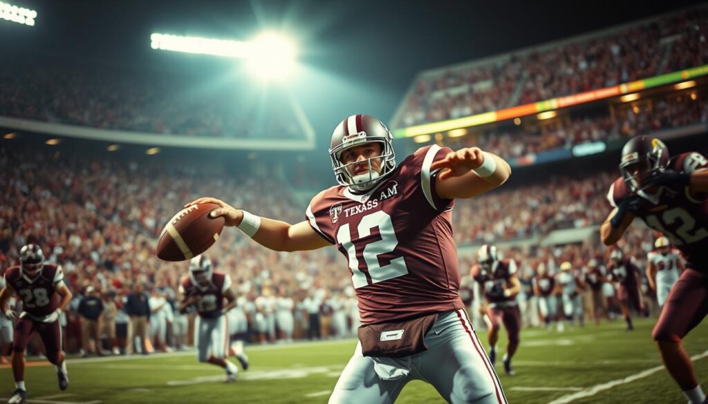 A dynamic football scene showcasing Johnny Manziel during his iconic Heisman moment in 2012. In the foreground, a determined Manziel, wearing a Texas A&M jersey and helmet, is seen in mid-action, executing a dramatic pass while defenders rush towards him. His expression conveys focus and intensity. The middle ground features a crowd of excited fans in maroon and white jerseys, capturing the atmosphere of a vibrant college football game. The background shows a packed stadium under bright stadium lights, enhancing the excitement of the moment. The lighting is warm and dramatic, highlighting Manziel’s athletic prowess. Use a wide-angle lens to emphasize the depth of the scene and create a sense of energy and momentum, reflecting the spirit of the game. The mood is electric, embodying the thrill of college football.