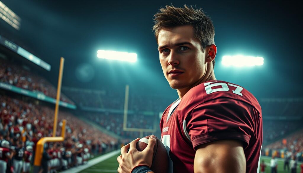 A dynamic scene capturing Johnny Manziel during his iconic 2012 Heisman trophy-winning season. In the foreground, depict a determined Manziel in a maroon football jersey, looking confidently at the camera while holding a football. His expression radiates focus and determination, with sweat glistening against the stadium lights. In the middle ground, illustrate a vibrant football stadium filled with cheering fans, wearing team colors, creating a lively atmosphere. The background features a blurred view of the field, showcasing goal posts and the bright floodlights illuminating the scene. Utilize a dramatic angle, highlighting Manziel as the focal point with cinematic lighting that accentuates the excitement of college football. The mood should be electric and triumphant, capturing the essence of Manziel's award-filled season.
