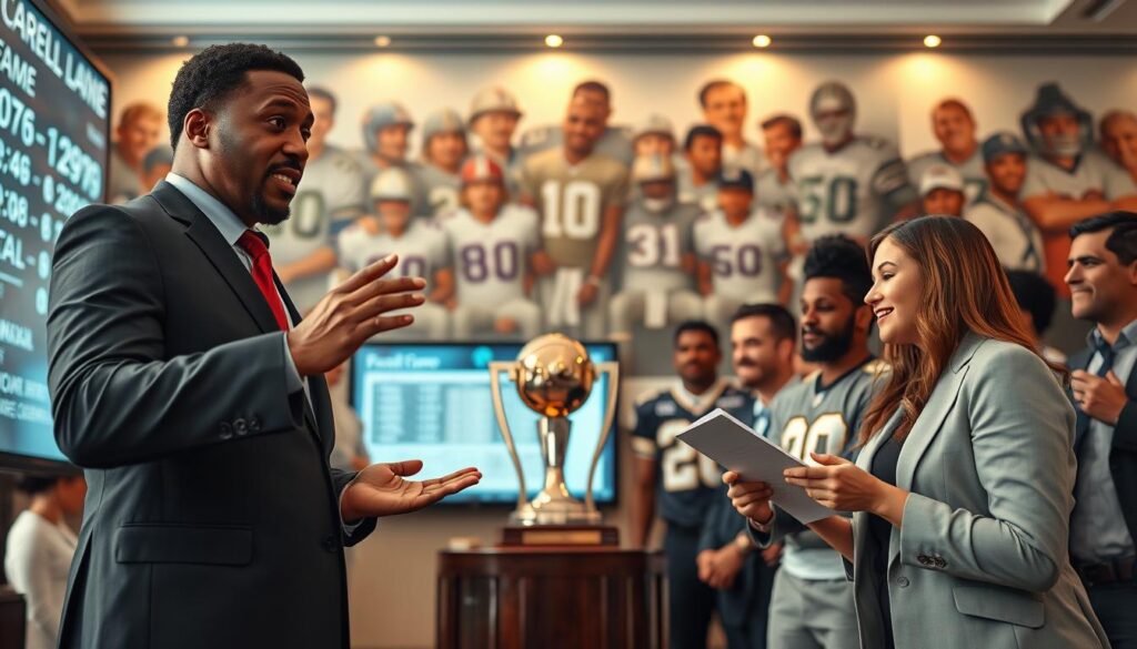 A dynamic scene showcasing a group of diverse football players, symbolizing legendary inductees into the College Football Hall of Fame, gathered in an upscale sports hall atmosphere. In the foreground, a middle-aged African American man in a sharp suit gestures passionately while presenting statistics on a large digital screen. Beside him, a young Caucasian woman in professional attire enthusiastically takes notes. In the middle, iconic football memorabilia, like a vintage trophy and game jerseys, are prominently displayed. The background features elegant lighting that highlights a mural of past Hall of Fame legends. The mood is one of celebration and reverence, with a soft focus on the attendees, capturing the excitement of honoring football heroes in an inviting and respectful environment. A dynamic scene showcasing a group of diverse football players, symbolizing legendary inductees into the College Football Hall of Fame, gathered in an upscale sports hall atmosphere. In the foreground, a middle-aged African American man in a sharp suit gestures passionately while presenting statistics on a large digital screen. Beside him, a young Caucasian woman in professional attire enthusiastically takes notes. In the middle, iconic football memorabilia, like a vintage trophy and game jerseys, are prominently displayed. The background features elegant lighting that highlights a mural of past Hall of Fame legends. The mood is one of celebration and reverence, with a soft focus on the attendees, capturing the excitement of honoring football heroes in an inviting and respectful environment.