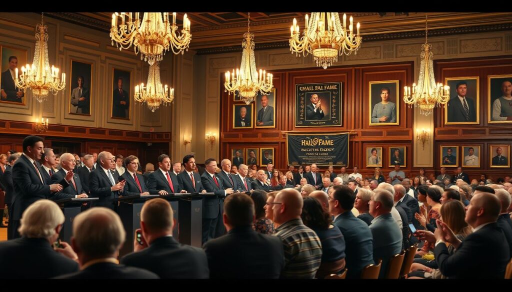 A grand hall of fame inductees ceremony taking place in an elegantly decorated venue. In the foreground, a diverse group of dignitaries in professional business attire stands behind a podium, delivering heartfelt speeches. Emotions like pride and excitement are evident on their faces. In the middle ground, attendees, including family members and fans, are seated in formal attire, attentively listening and capturing moments with their smartphones. Elegant chandeliers illuminate the scene, casting a warm golden light that highlights the polished wooden floors and decorated walls adorned with memorabilia. The background features banners and framed portraits of past legends, enhancing the atmosphere of celebration and honor. The overall mood is one of reverence and joy, capturing the essence of a momentous occasion. A grand hall of fame inductees ceremony taking place in an elegantly decorated venue. In the foreground, a diverse group of dignitaries in professional business attire stands behind a podium, delivering heartfelt speeches. Emotions like pride and excitement are evident on their faces. In the middle ground, attendees, including family members and fans, are seated in formal attire, attentively listening and capturing moments with their smartphones. Elegant chandeliers illuminate the scene, casting a warm golden light that highlights the polished wooden floors and decorated walls adorned with memorabilia. The background features banners and framed portraits of past legends, enhancing the atmosphere of celebration and honor. The overall mood is one of reverence and joy, capturing the essence of a momentous occasion.