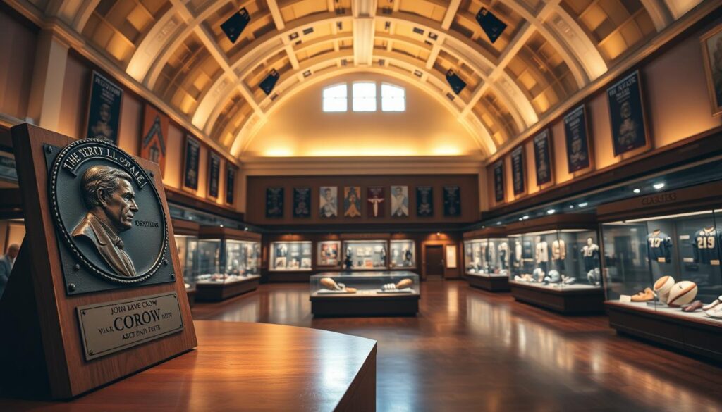 A grand interior view of the Aggie Hall of Fame, showcasing the impressive hall filled with memorabilia celebrating the achievements of sports legends. In the foreground, a polished wooden pedestal displays a bronze plaque featuring John David Crow, elegantly lit with soft spotlight illumination. The middle section reveals beautifully arranged display cases filled with vintage football gear and photographs, reflecting a rich legacy of athletic excellence. The background features high vaulted ceilings adorned with banners representing various sports achievements, bathed in warm golden light. The atmosphere is inspiring and reverent, inviting viewers to reflect on the honor of the Hall of Fame induction. The scene is captured from a low angle, emphasizing the grandeur and importance of the space without any text or overlays. A grand interior view of the Aggie Hall of Fame, showcasing the impressive hall filled with memorabilia celebrating the achievements of sports legends. In the foreground, a polished wooden pedestal displays a bronze plaque featuring John David Crow, elegantly lit with soft spotlight illumination. The middle section reveals beautifully arranged display cases filled with vintage football gear and photographs, reflecting a rich legacy of athletic excellence. The background features high vaulted ceilings adorned with banners representing various sports achievements, bathed in warm golden light. The atmosphere is inspiring and reverent, inviting viewers to reflect on the honor of the Hall of Fame induction. The scene is captured from a low angle, emphasizing the grandeur and importance of the space without any text or overlays.