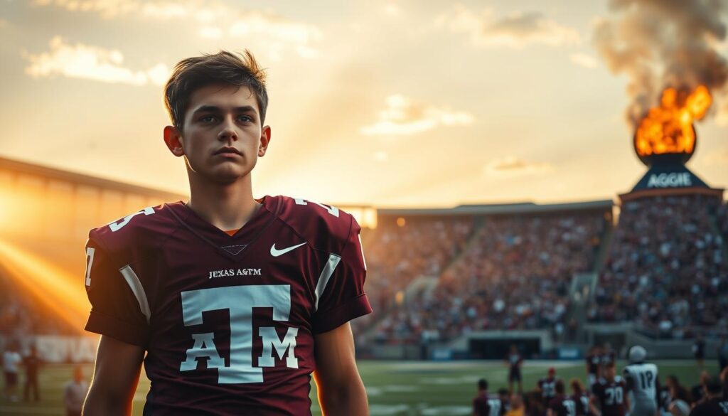 A powerful, dynamic scene depicting the legacy of John David Crow at Texas A&M University, focusing on the theme of recruiting. In the foreground, a determined young football player stands proudly in a maroon and white Texas A&M jersey, symbolizing ambition and tradition. The middle ground features a backdrop of the iconic Kyle Field, filled with cheering fans wearing Aggie apparel, capturing the spirit of college football. Warm, golden hour sunlight pours in from the left, casting a radiant glow over the scene, enhancing the emotional resonance. In the background, the historic Aggie Bonfire stands tall, representing the school's unity and tradition. The overall mood is inspirational and reverent, celebrating the enduring impact of John David Crow's legacy on Texas A&M, filled with passion and pride of future generations. A powerful, dynamic scene depicting the legacy of John David Crow at Texas A&M University, focusing on the theme of recruiting. In the foreground, a determined young football player stands proudly in a maroon and white Texas A&M jersey, symbolizing ambition and tradition. The middle ground features a backdrop of the iconic Kyle Field, filled with cheering fans wearing Aggie apparel, capturing the spirit of college football. Warm, golden hour sunlight pours in from the left, casting a radiant glow over the scene, enhancing the emotional resonance. In the background, the historic Aggie Bonfire stands tall, representing the school's unity and tradition. The overall mood is inspirational and reverent, celebrating the enduring impact of John David Crow's legacy on Texas A&M, filled with passion and pride of future generations.