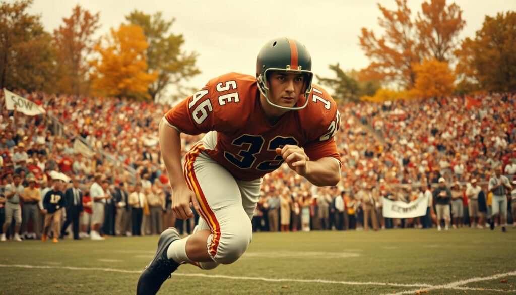 A vintage football scene capturing John David Crow during his 1957 Heisman season, showcasing him in a classic football uniform, complete with a helmet and pads, in a dynamic running pose. In the foreground, John's focused expression reflects determination and athleticism. The middle ground features a bustling football stadium filled with enthusiastic fans, waving banners, and dressed in 1950s attire, adding to the nostalgic ambiance. The background showcases an autumn sky, with golden hues casting warm lighting across the field, enhancing the historical feel. Shot from a low angle to emphasize Crow's stature and the excitement of the moment, the image evokes a sense of triumph and legacy, celebrating a pivotal era in college football history. A vintage football scene capturing John David Crow during his 1957 Heisman season, showcasing him in a classic football uniform, complete with a helmet and pads, in a dynamic running pose. In the foreground, John's focused expression reflects determination and athleticism. The middle ground features a bustling football stadium filled with enthusiastic fans, waving banners, and dressed in 1950s attire, adding to the nostalgic ambiance. The background showcases an autumn sky, with golden hues casting warm lighting across the field, enhancing the historical feel. Shot from a low angle to emphasize Crow's stature and the excitement of the moment, the image evokes a sense of triumph and legacy, celebrating a pivotal era in college football history.