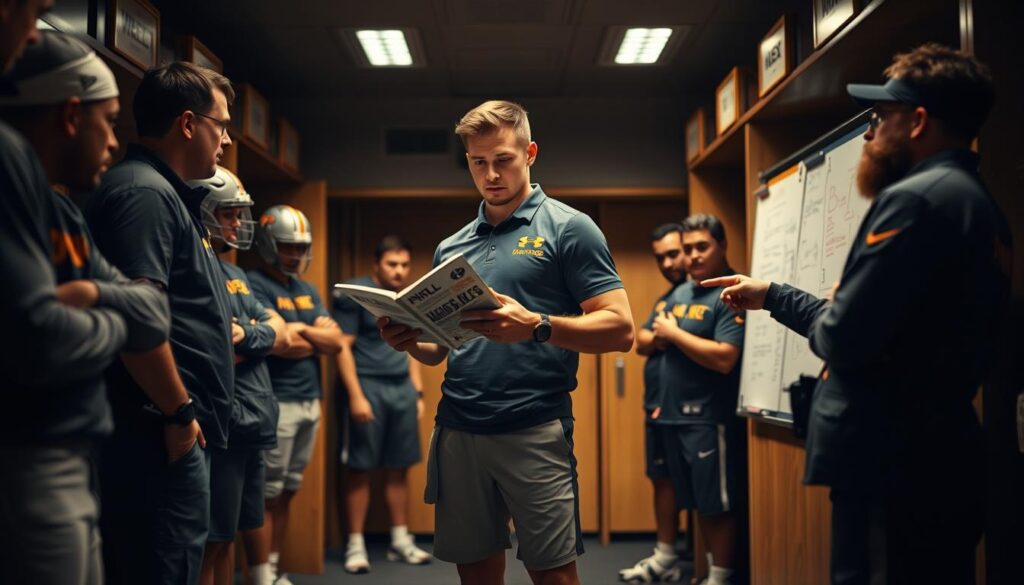 Johnny Manziel standing in a dimly lit locker room, surrounded by his coaches and teammates, depicting a moment of intense camaraderie and strategic discussion. Johnny is dressed in a fitted team polo and athletic shorts, showcasing a focused expression as he reviews playbooks with his coach, who is wearing a crisp coaching jacket. Teammates in the background are engaged in conversation, some pointing to a whiteboard filled with strategies. The lighting is warm and soft, creating a cozy yet serious atmosphere with a shallow depth of field to emphasize the interactions. The camera angle is slightly lower, looking up at the group to convey a sense of importance and pressure, capturing the unfiltered dynamics of sports teamwork. Johnny Manziel standing in a dimly lit locker room, surrounded by his coaches and teammates, depicting a moment of intense camaraderie and strategic discussion. Johnny is dressed in a fitted team polo and athletic shorts, showcasing a focused expression as he reviews playbooks with his coach, who is wearing a crisp coaching jacket. Teammates in the background are engaged in conversation, some pointing to a whiteboard filled with strategies. The lighting is warm and soft, creating a cozy yet serious atmosphere with a shallow depth of field to emphasize the interactions. The camera angle is slightly lower, looking up at the group to convey a sense of importance and pressure, capturing the unfiltered dynamics of sports teamwork.
