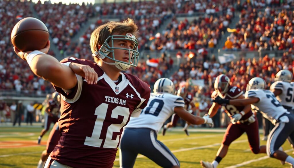 A dynamic, action-packed scene capturing Johnny Manziel during his 2012 SEC debut, showcasing him in a vibrant Texas A&M uniform, featuring a dark maroon jersey with white accents. In the foreground, Manziel is in mid-throw, the determination visible on his face, his short hair tousled. The middle ground reveals opposing defenders attempting to close in on him, their jerseys contrasting with the Aggies' colors. In the background, a packed college stadium, with excited fans waving flags and banners, adds to the electrifying atmosphere. The late afternoon sun casts warm golden light, creating dramatic shadows on the field, and the angle is slightly tilted to emphasize action. The overall mood is exhilarating and triumphant, capturing a pivotal moment in college football history without any text or branding. A dynamic, action-packed scene capturing Johnny Manziel during his 2012 SEC debut, showcasing him in a vibrant Texas A&M uniform, featuring a dark maroon jersey with white accents. In the foreground, Manziel is in mid-throw, the determination visible on his face, his short hair tousled. The middle ground reveals opposing defenders attempting to close in on him, their jerseys contrasting with the Aggies' colors. In the background, a packed college stadium, with excited fans waving flags and banners, adds to the electrifying atmosphere. The late afternoon sun casts warm golden light, creating dramatic shadows on the field, and the angle is slightly tilted to emphasize action. The overall mood is exhilarating and triumphant, capturing a pivotal moment in college football history without any text or branding.