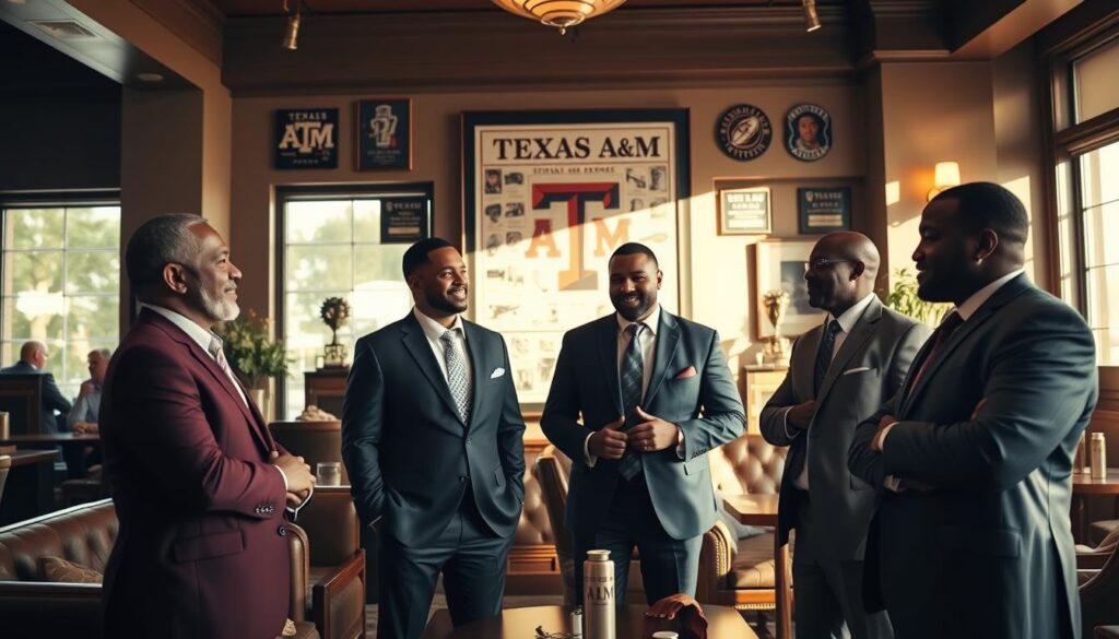 A dynamic and inspiring scene depicting Texas A&M alumni who have achieved greatness in the NFL, presented in a cozy, elegant lounge setting. In the foreground, a diverse group of three former players, dressed in sharp business attire, reflect on their successful careers, conveying camaraderie and pride. The middle ground features a large poster of Texas A&M memorabilia, symbolizing their roots, surrounded by football awards and accolades. The background contains soft, filtered light streaming through large windows, illuminating the space and enhancing an atmosphere of nostalgia and achievement. The composition should have a warm color palette, evoking feelings of inspiration and honor, and captured with a shallow depth of field to focus on the alumni’s expressions and the rich textures of the lounge. A dynamic and inspiring scene depicting Texas A&M alumni who have achieved greatness in the NFL, presented in a cozy, elegant lounge setting. In the foreground, a diverse group of three former players, dressed in sharp business attire, reflect on their successful careers, conveying camaraderie and pride. The middle ground features a large poster of Texas A&M memorabilia, symbolizing their roots, surrounded by football awards and accolades. The background contains soft, filtered light streaming through large windows, illuminating the space and enhancing an atmosphere of nostalgia and achievement. The composition should have a warm color palette, evoking feelings of inspiration and honor, and captured with a shallow depth of field to focus on the alumni’s expressions and the rich textures of the lounge.
